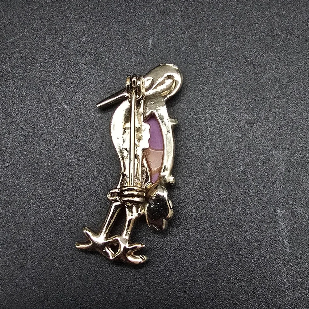 Pink Thermoset Bird Brooch Flamingo Gold Tone Vintage Animal Costume Jewelry